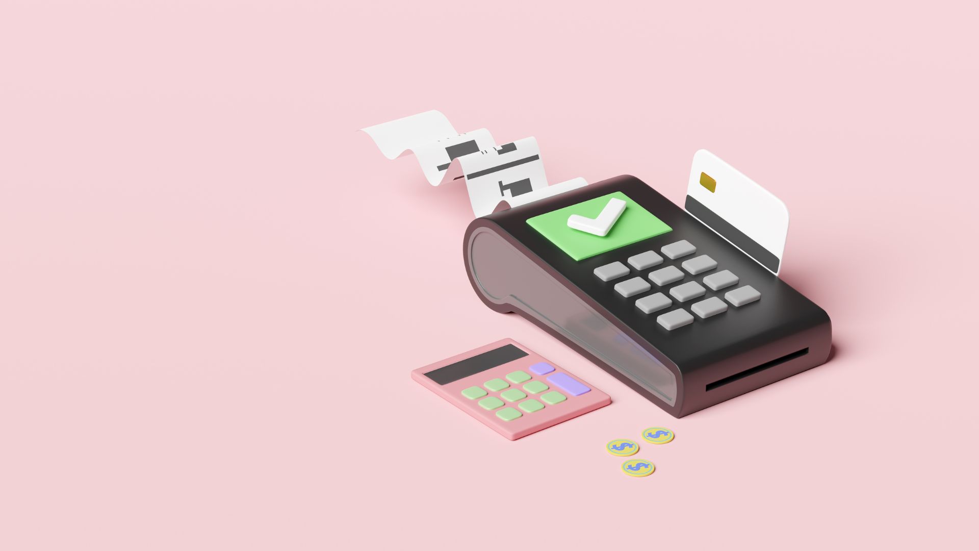 3D illustration of a card payment terminal printing a receipt, with a credit card, calculator, and coins beside it on a pink background.