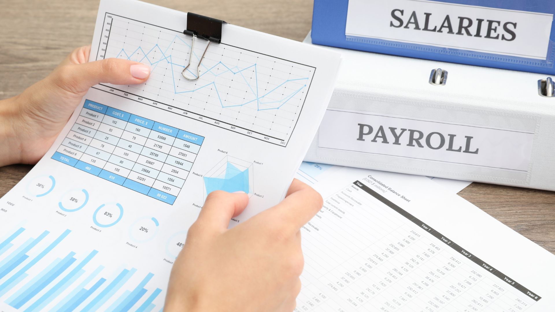 Close-up of hands reviewing printed payroll and financial reports, with charts and tables, beside binders labeled Salaries and Payroll.