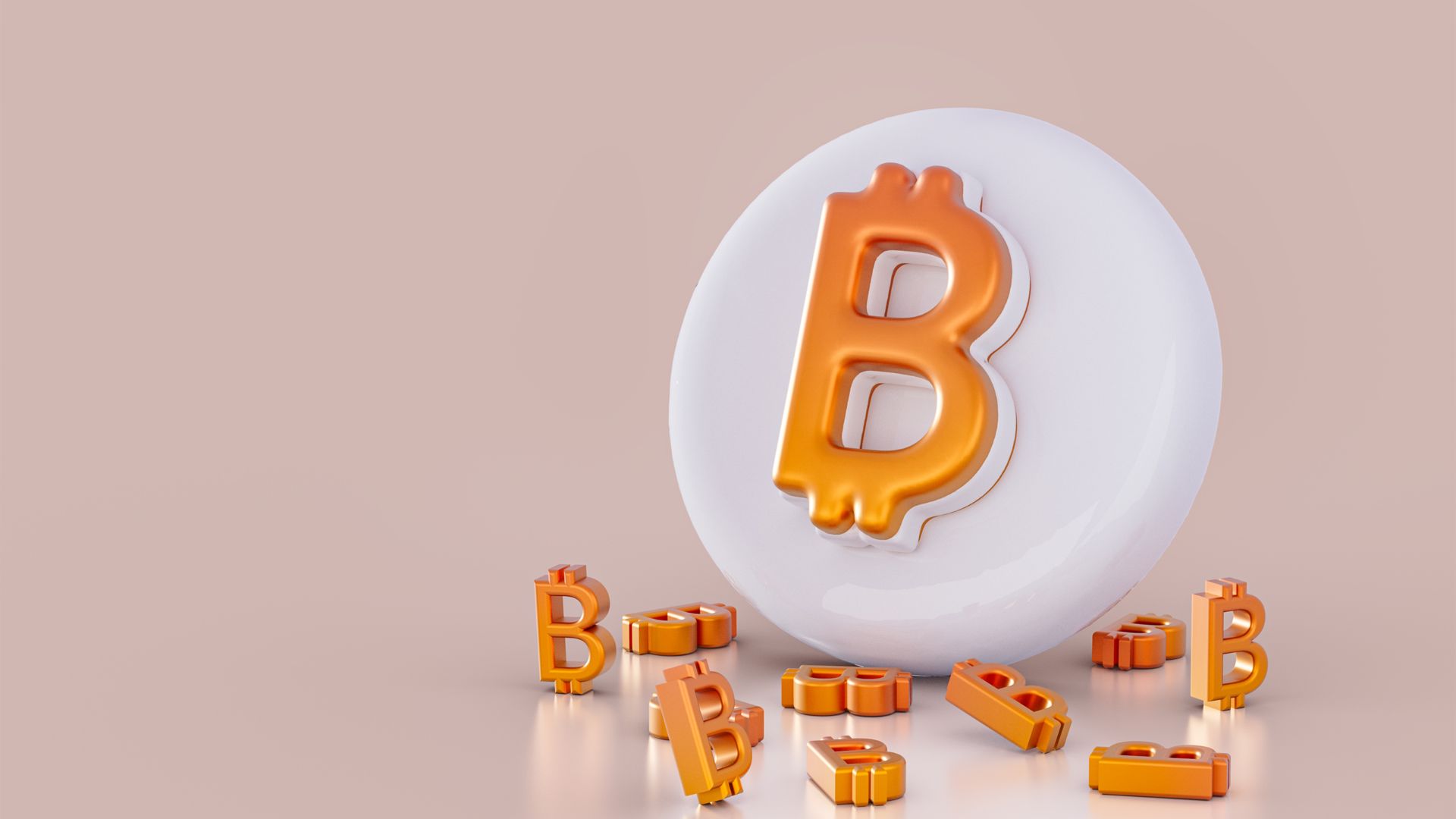 3D illustration of a large white Bitcoin coin with an orange B symbol, surrounded by smaller scattered Bitcoin symbols.