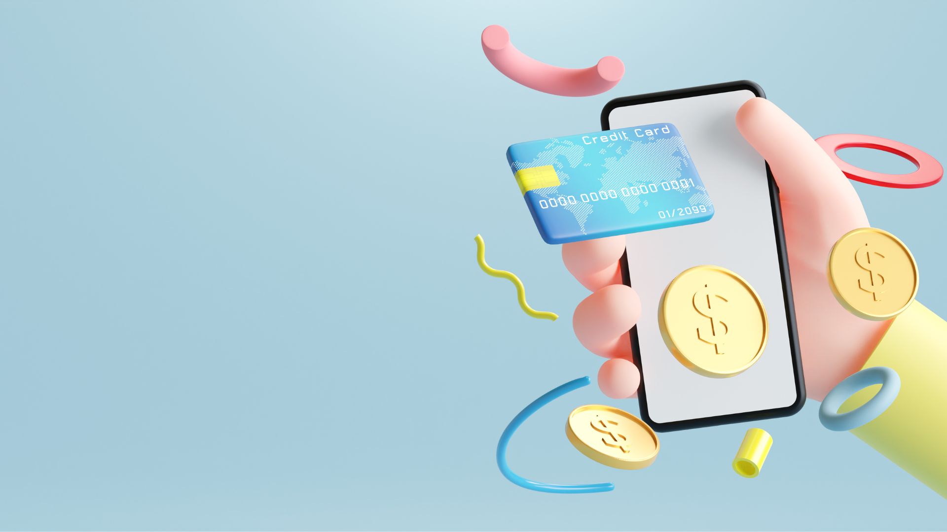 3D illustration of a hand holding a smartphone and credit card with gold dollar coins, representing mobile payments.