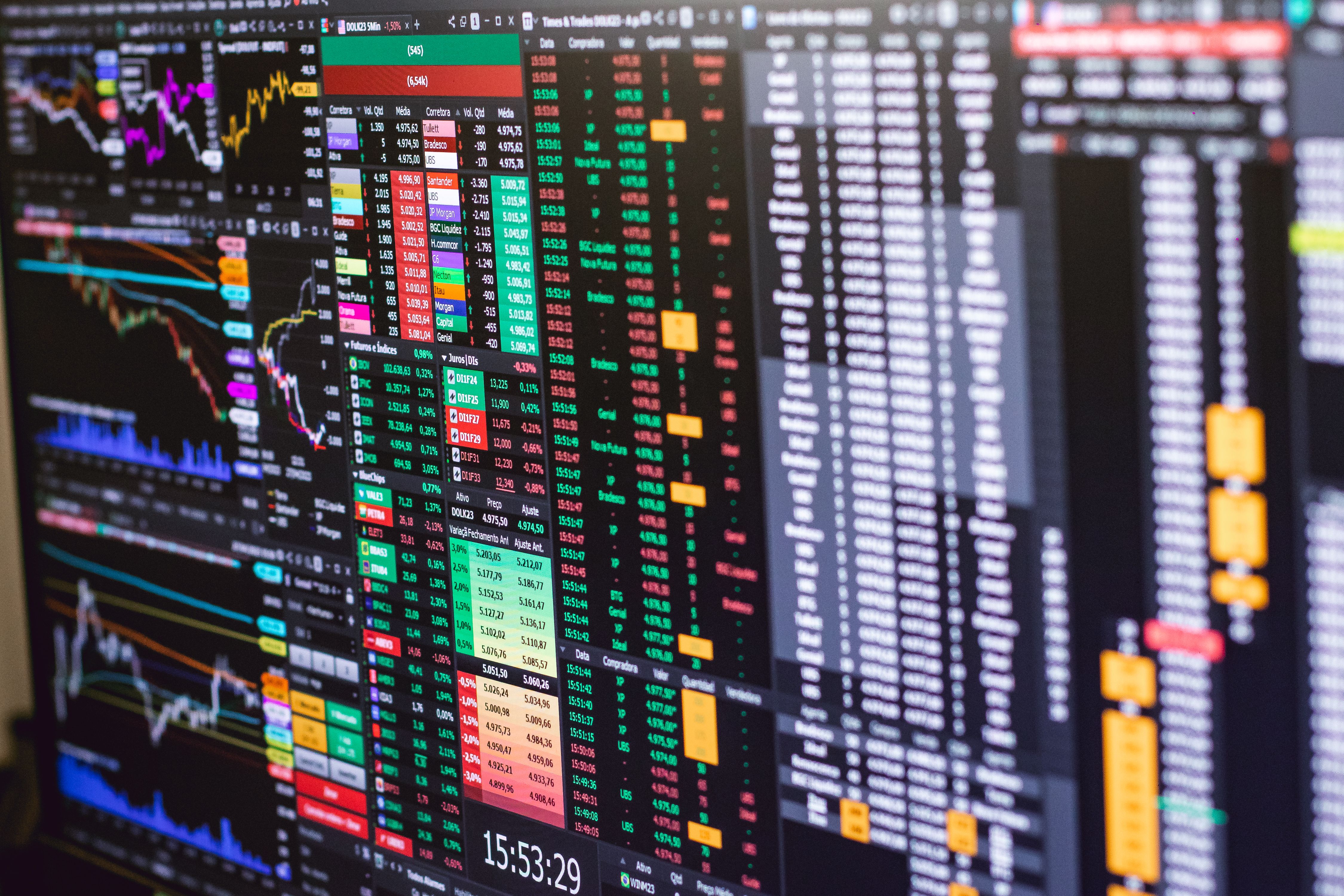 Close-up of a trading platform on a monitor, showing multiple dashboards of stock charts, order books and live price tables in red, green and yellow against a dark background, with a timestamp reading 15:53:29.